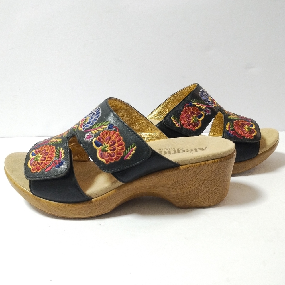 Alegria 9-9.5/Eur 39 Linn Black Floral Embroidered Needles & Pins Wedge Sandal - Picture 2 of 9